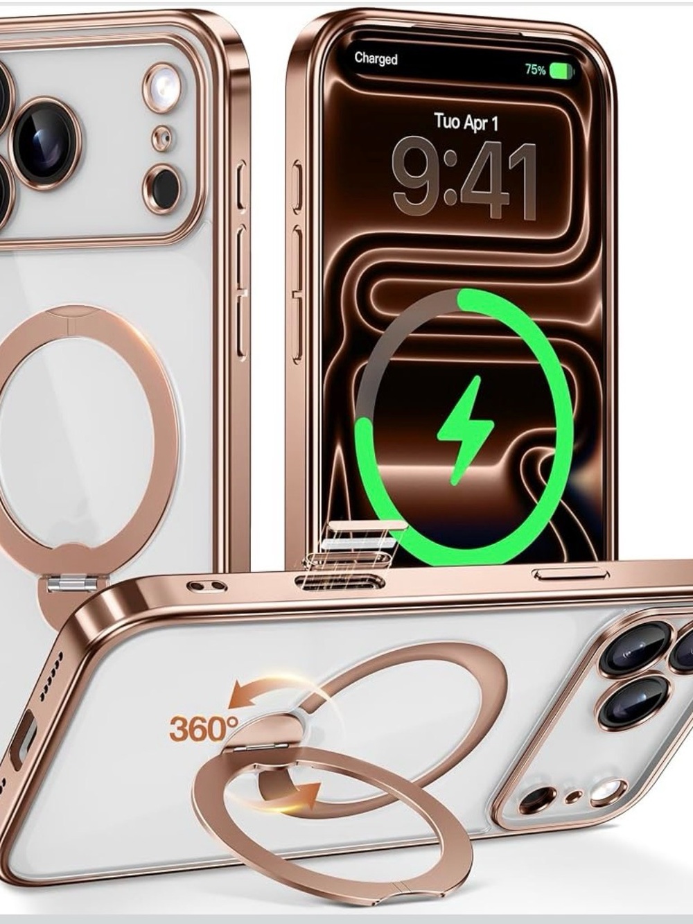 17 pro max Rose Gold Phone Case with 360° Ring Stand for Cell Phones